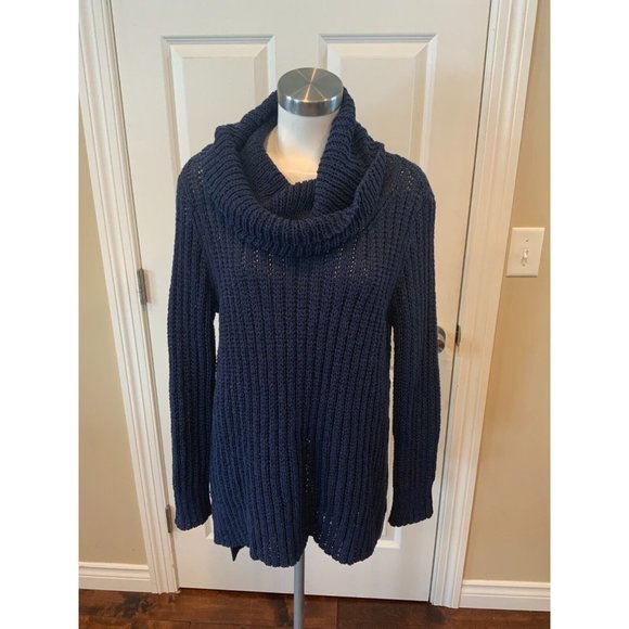BCBG Max Azria "Jules" Blue Chunky Knit Split Back Cowl Neck Sweater, Size Large - Picture 1 of 6